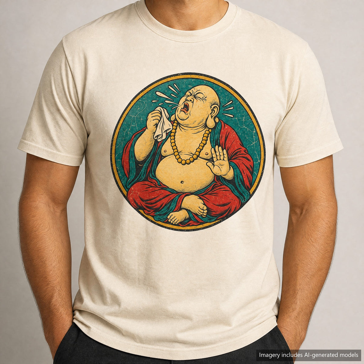 Sneezing Buddha T-shirt, laid flat