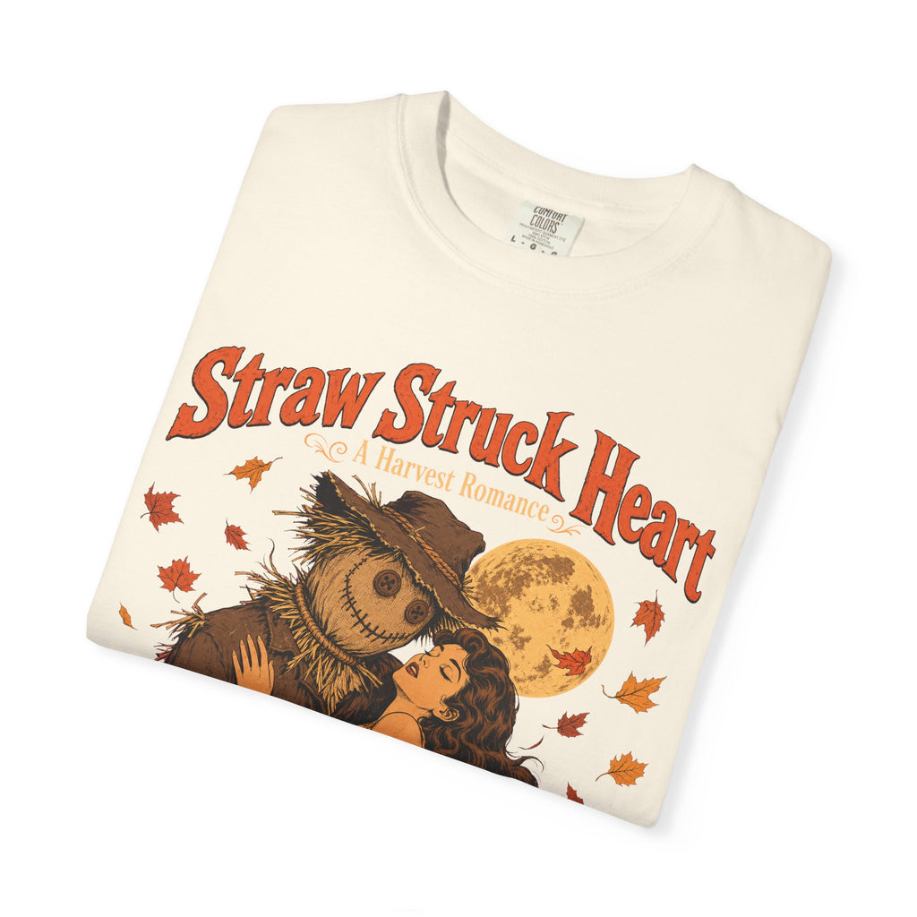 Straw Struck Heart Scarecrow Romance Novel T-shirt in Ivory, folded view