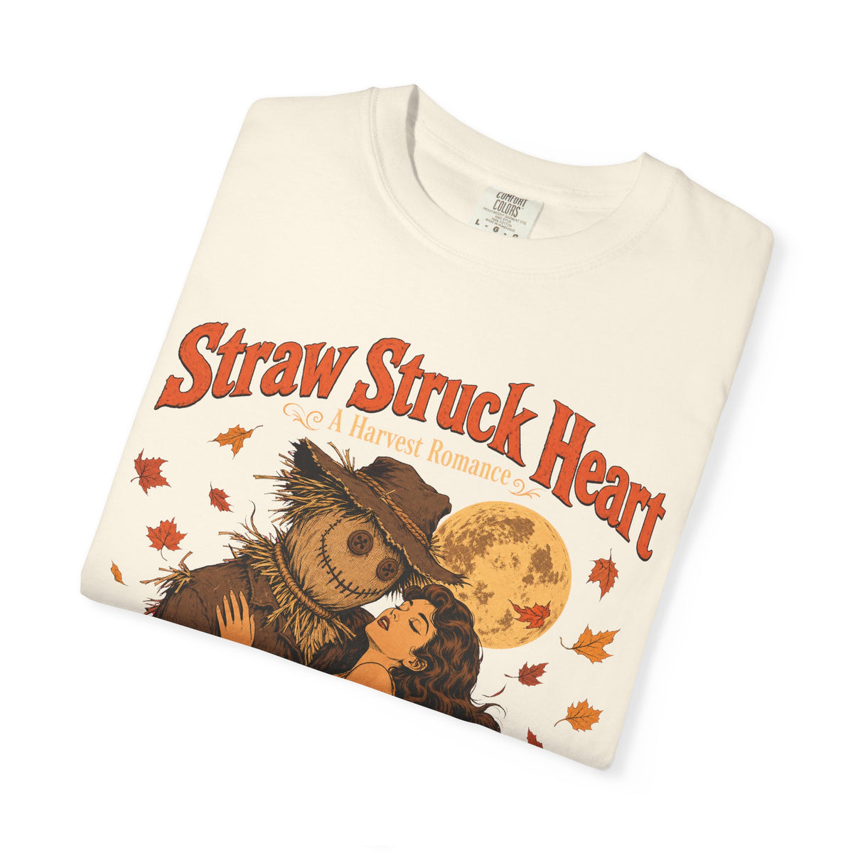 Straw Struck Heart Scarecrow Romance Novel T-shirt in Ivory, folded view