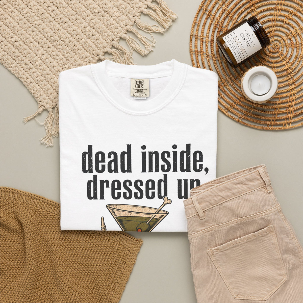 Dead Inside Dressed Up Skeleton Hand T-shirt in White, flat lay view