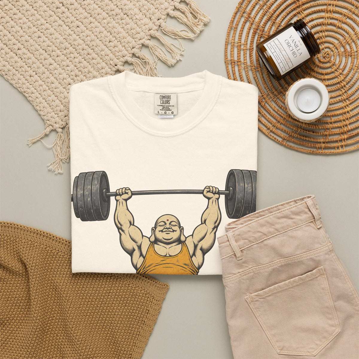 Buddha Weightlifting T-shirt in Ivory, flat lay view
