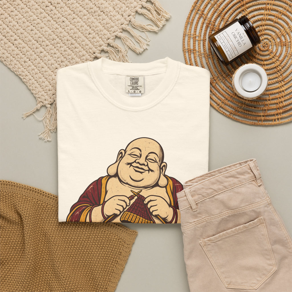 Knitting Buddha T-shirt in Ivory, flat lay view