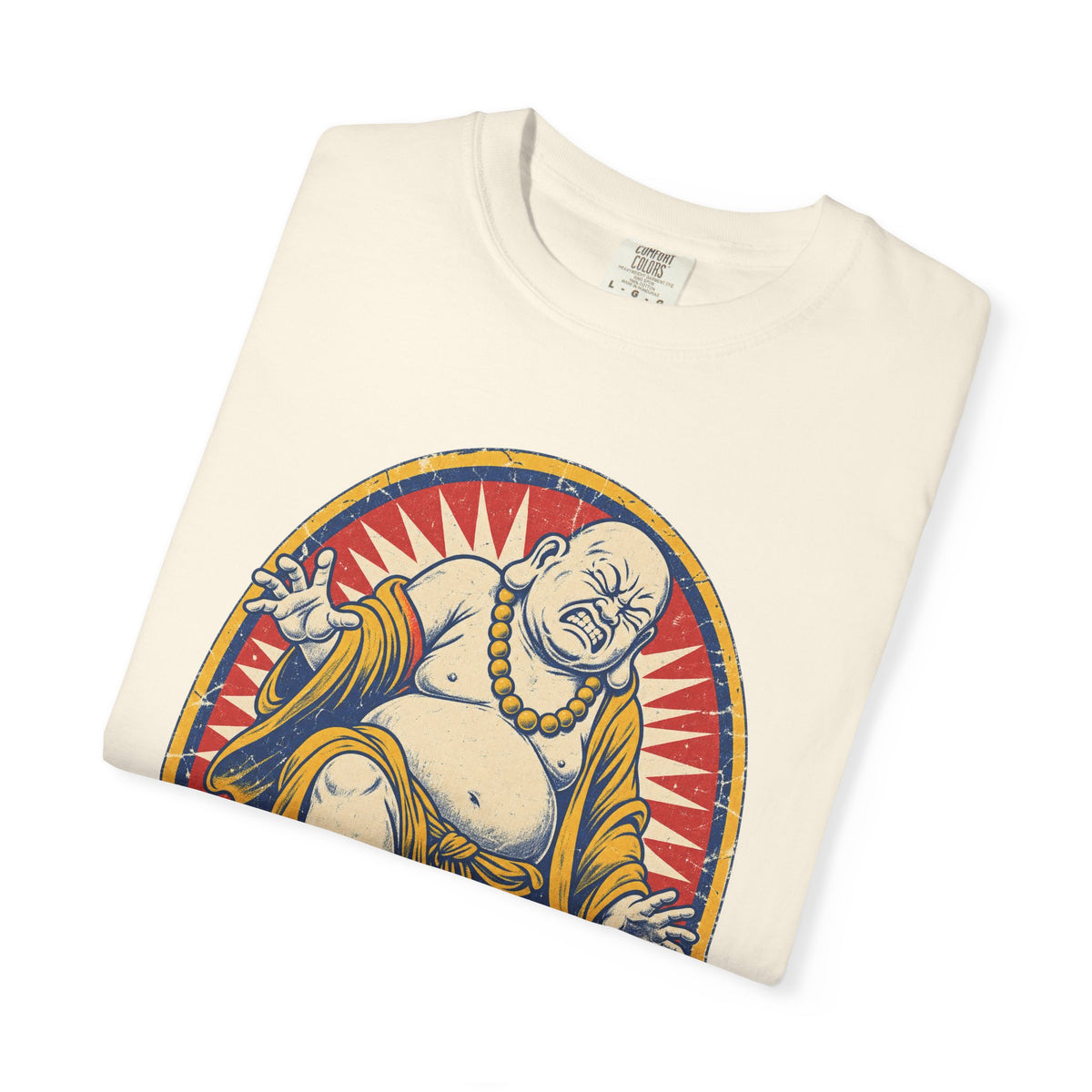 Buddha Stepping on Lego T-shirt in Ivory, folded view