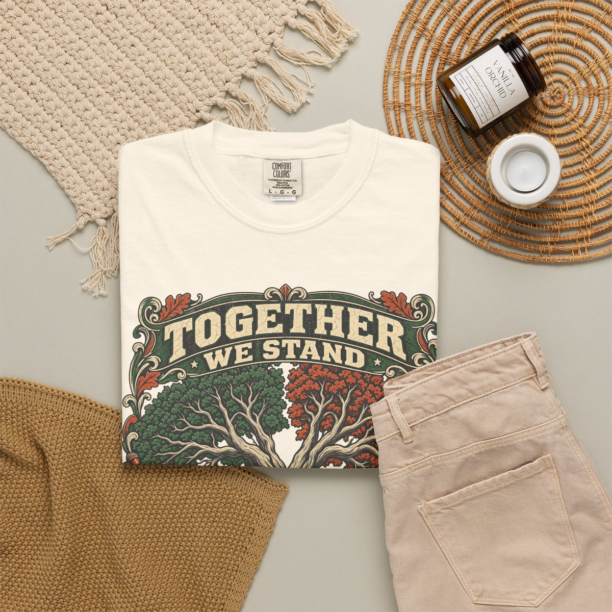 Together We Stand Divided We Fall Tree T-shirt in Ivory, flat lay view