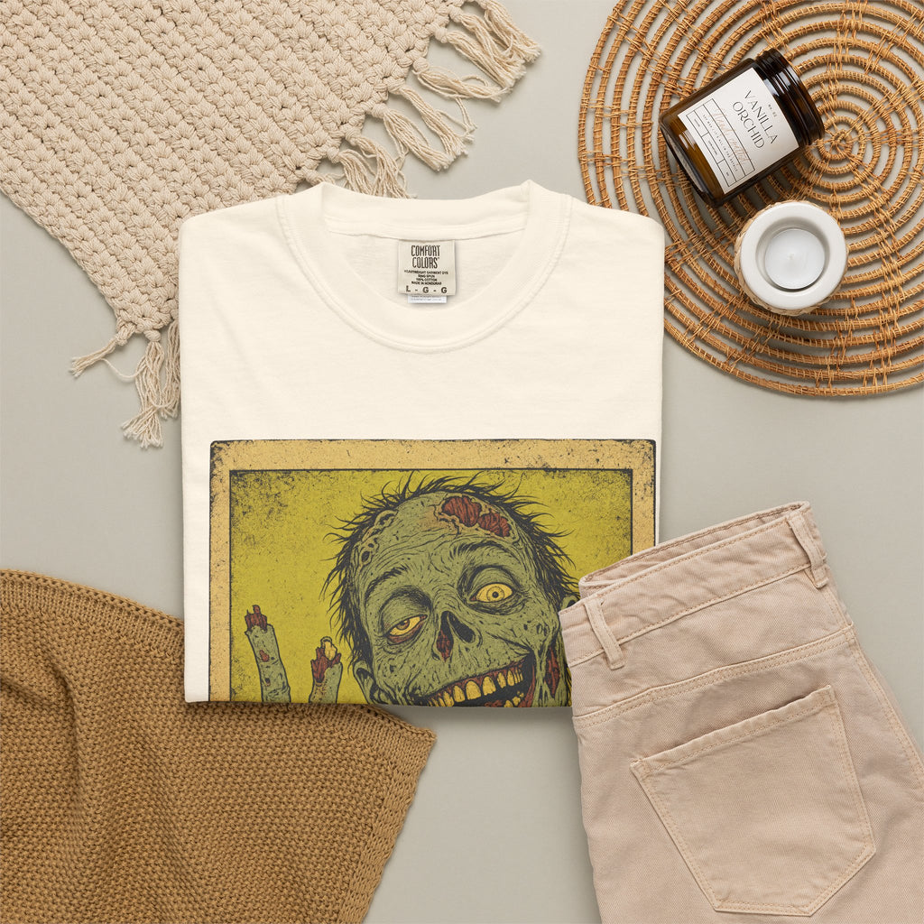 Zombie Selfie T-shirt in Ivory, flat lay view