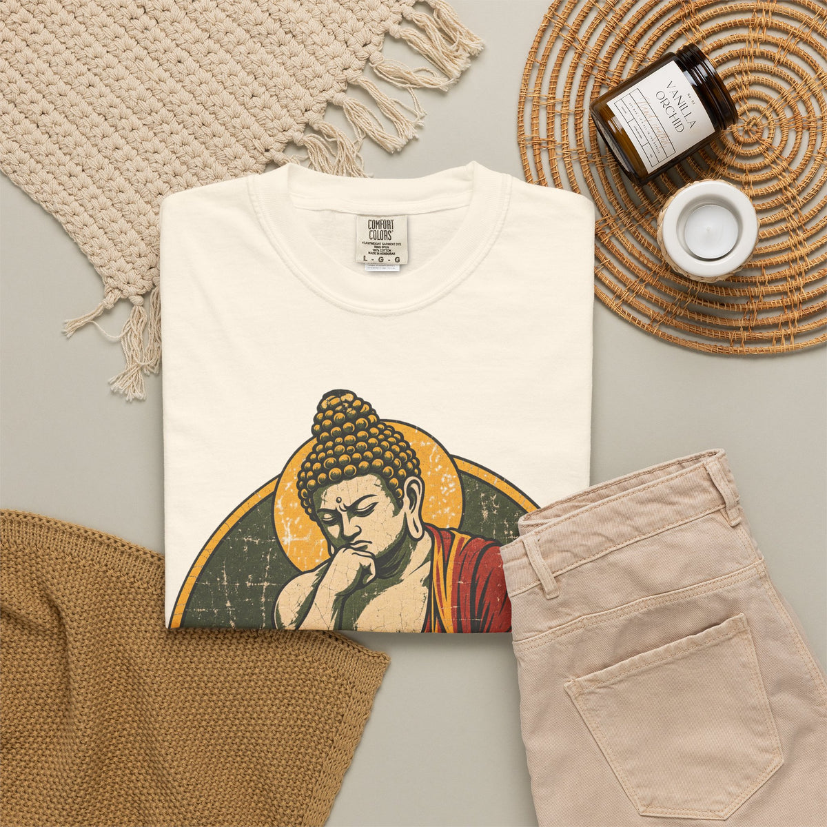 Buddha Thinker Pose T-shirt in Ivory, flat lay view