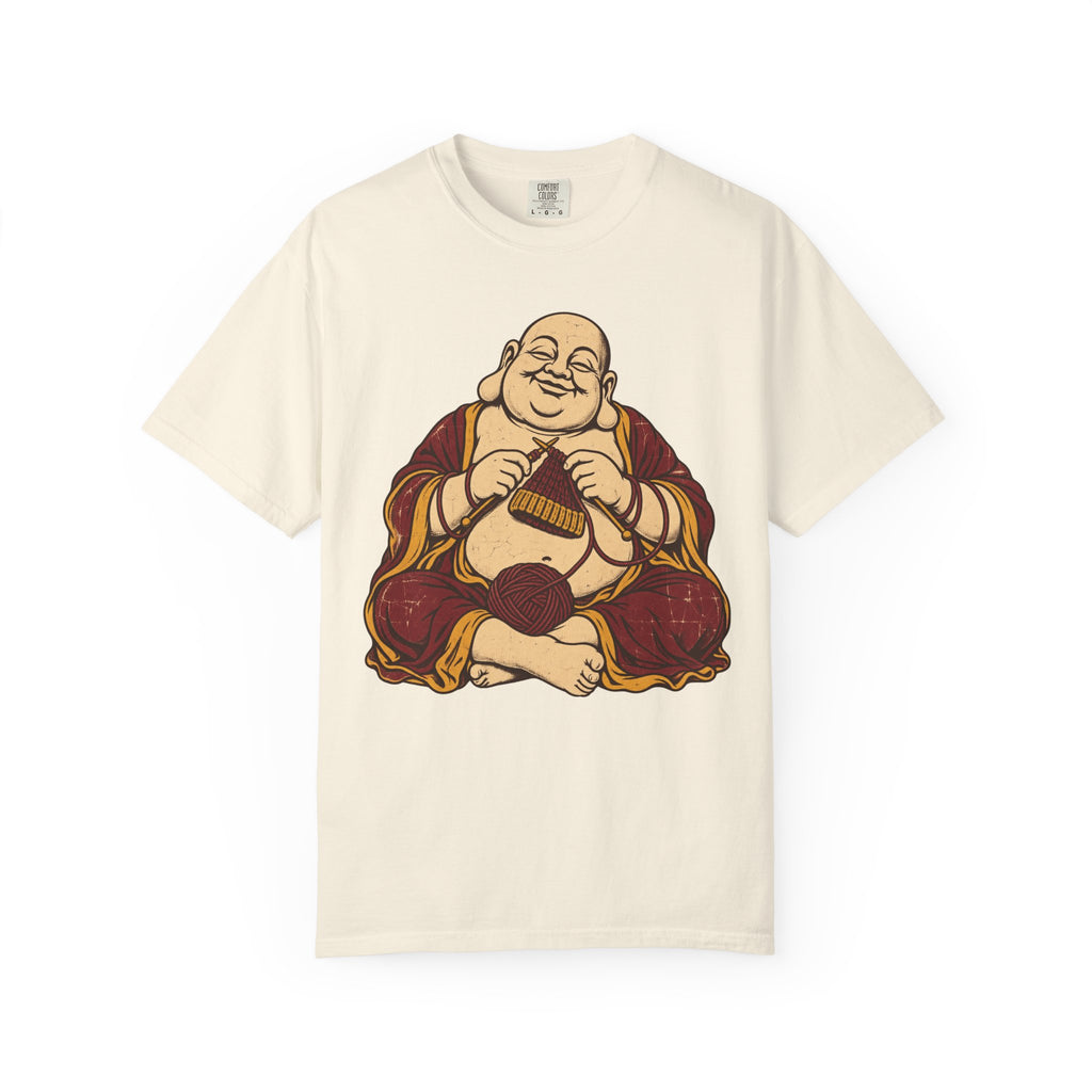 Knitting Buddha T-shirt in Ivory, front view