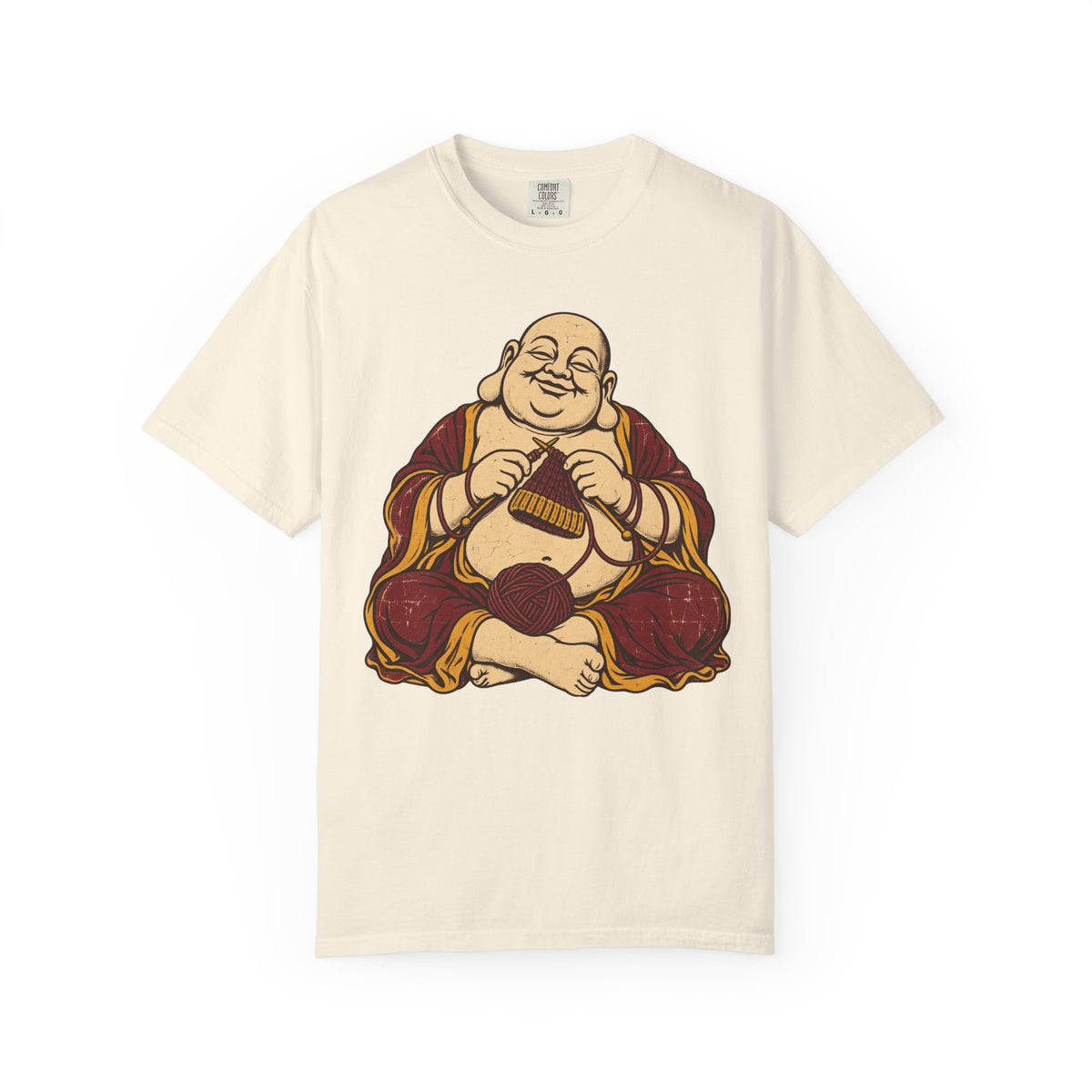 Knitting Buddha T-shirt in Ivory, front view