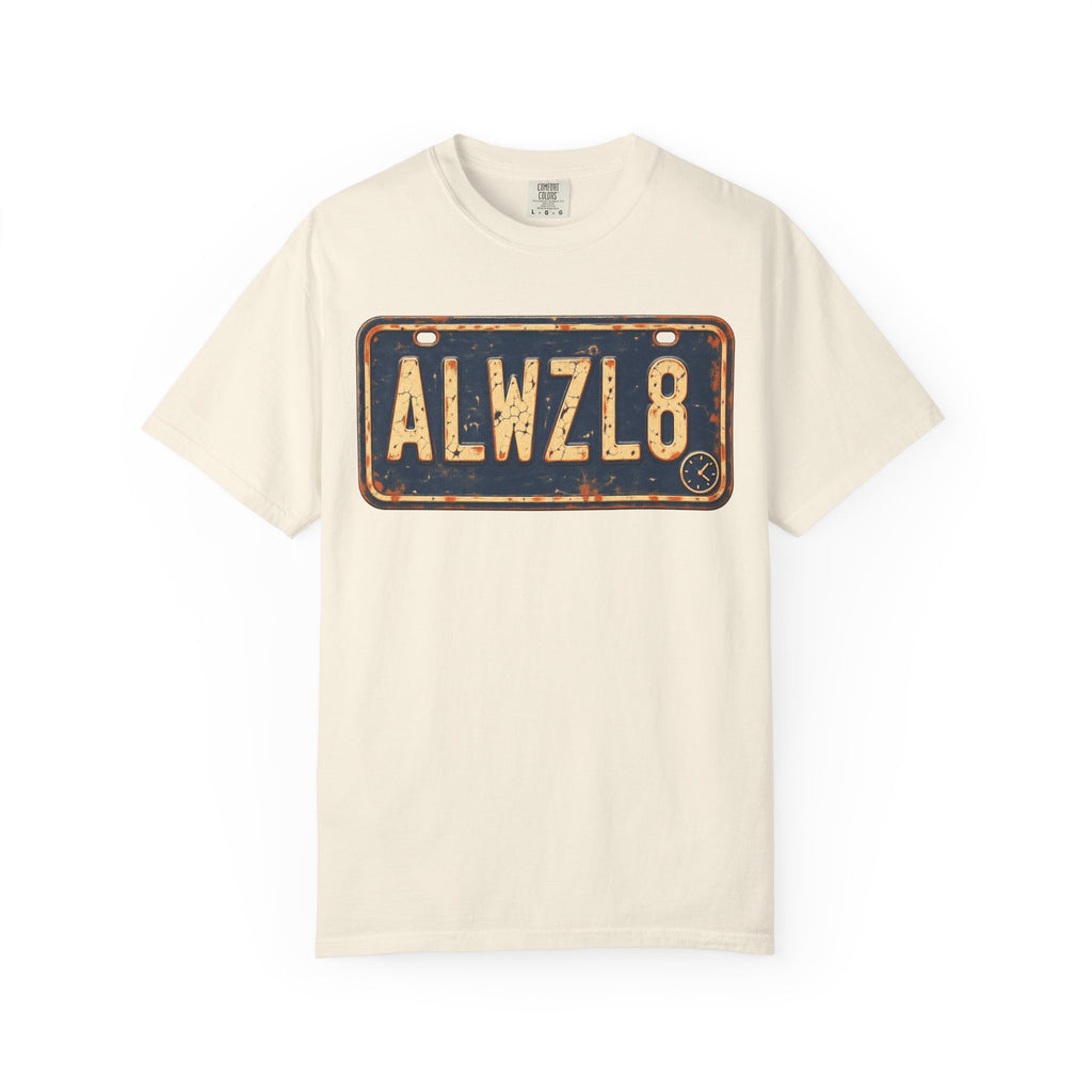 Always Late License Plate T-shirt in Ivory, front view