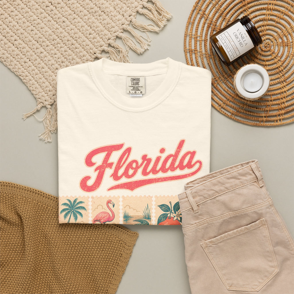 Florida Postage Stamp T-shirt in Ivory, flat lay view