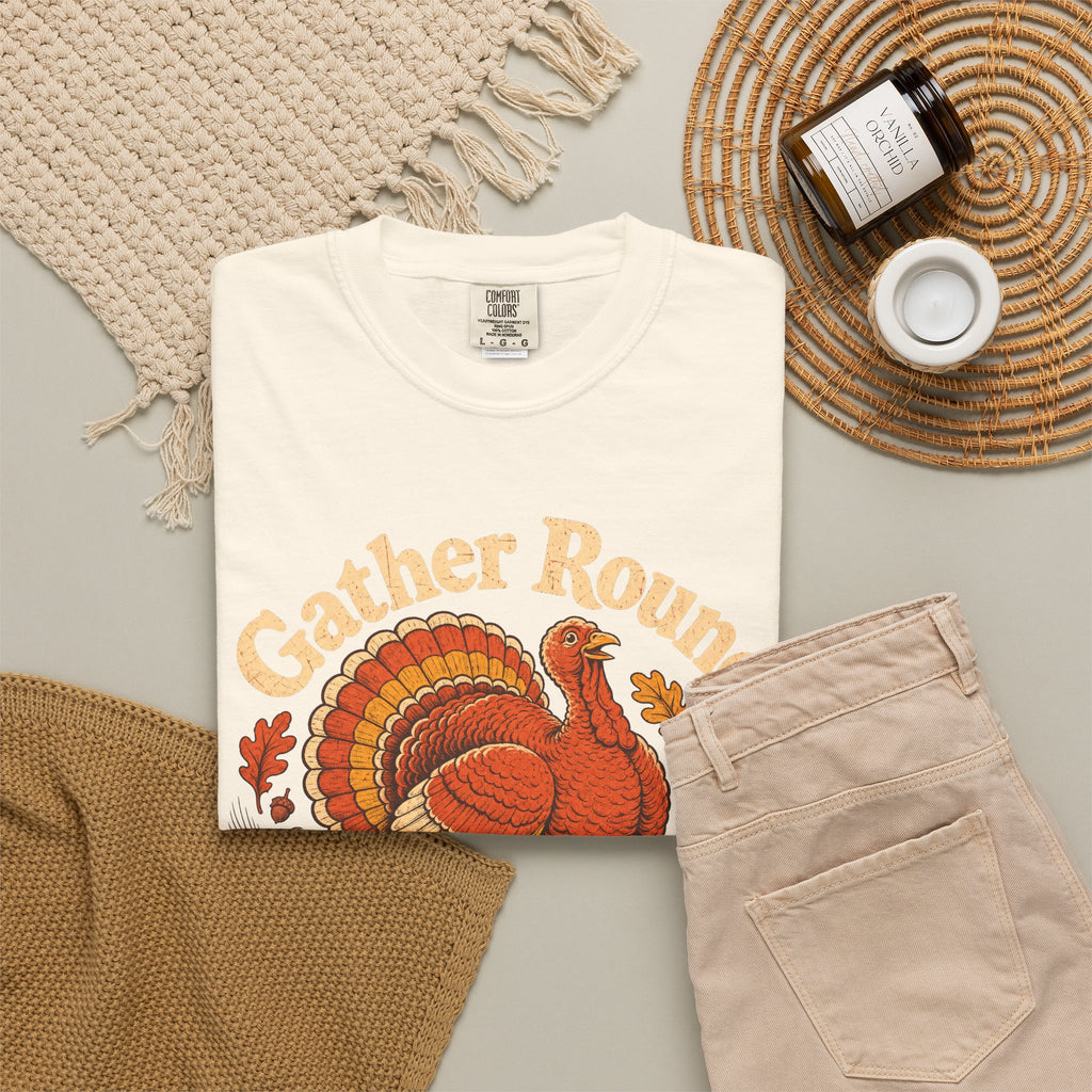 Gather Round Give Thanks Turkey T-shirt in Ivory, flat lay view