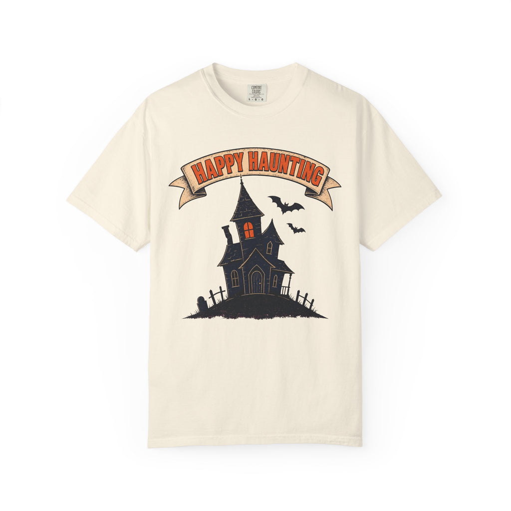 Happy Haunting Haunted House T-shirt in Ivory, front view