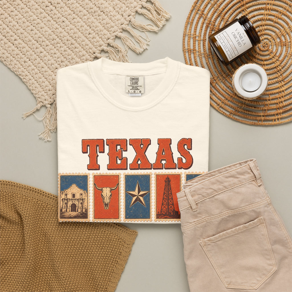 Texas Postage Stamp T-shirt in Ivory, flat lay view
