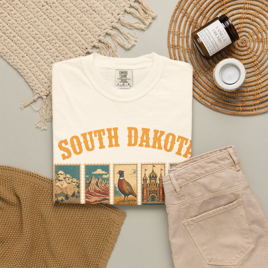 South Dakota Postage Stamp T-shirt in Ivory, flat lay view