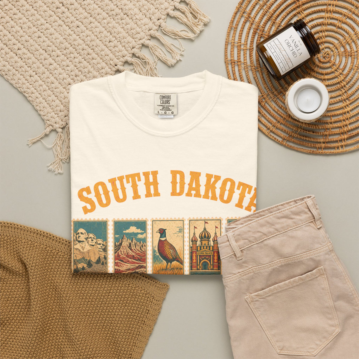 South Dakota Postage Stamp T-shirt in Ivory, flat lay view