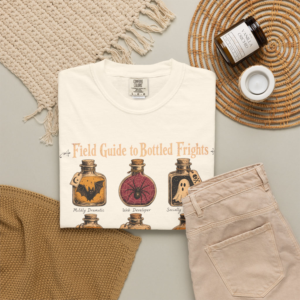 Field Guide to Bottled Frights T-shirt in Ivory, flat lay view