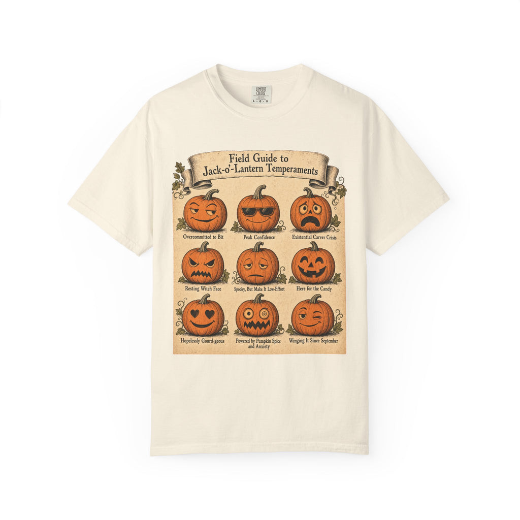Jack-o-Lantern Field Guide T-shirt in Ivory, front view