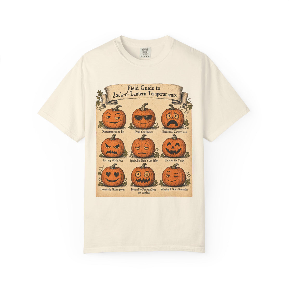 Jack-o-Lantern Field Guide T-shirt in Ivory, front view