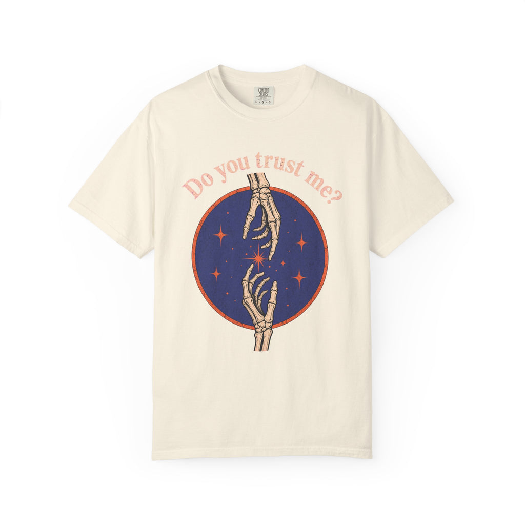 Do You Trust Me Skeleton Hands T-shirt in Ivory, front view