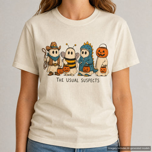 Trick or Treat Ghost Gang T-shirt, laid flat