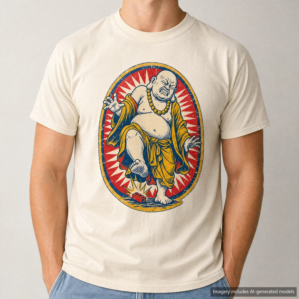 Buddha Stepping on Lego T-shirt, laid flat