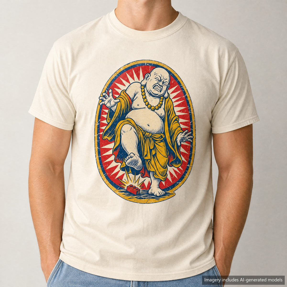 Buddha Stepping on Lego T-shirt, laid flat