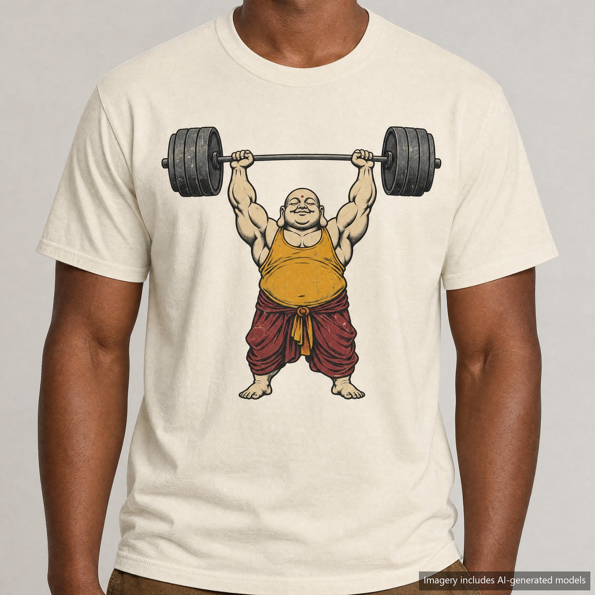Buddha Weightlifting T-shirt, laid flat