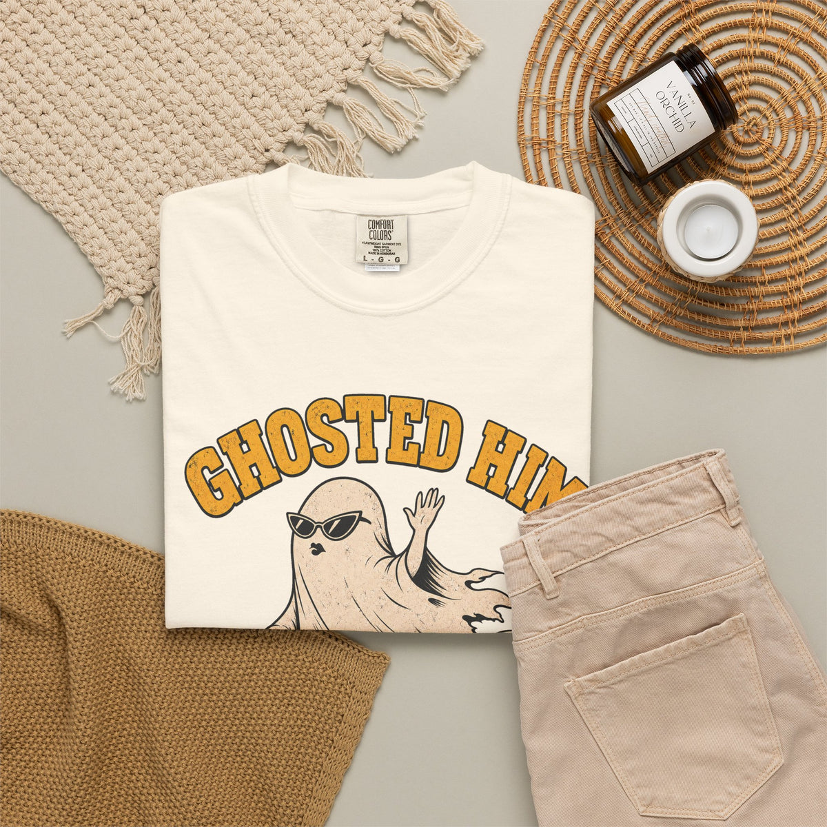 Ghosted Him First T-shirt in Ivory, flat lay view