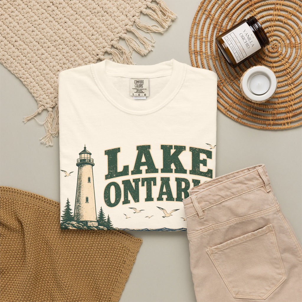 Lake of Shining Waters Ontario T-shirt in Ivory, flat lay view