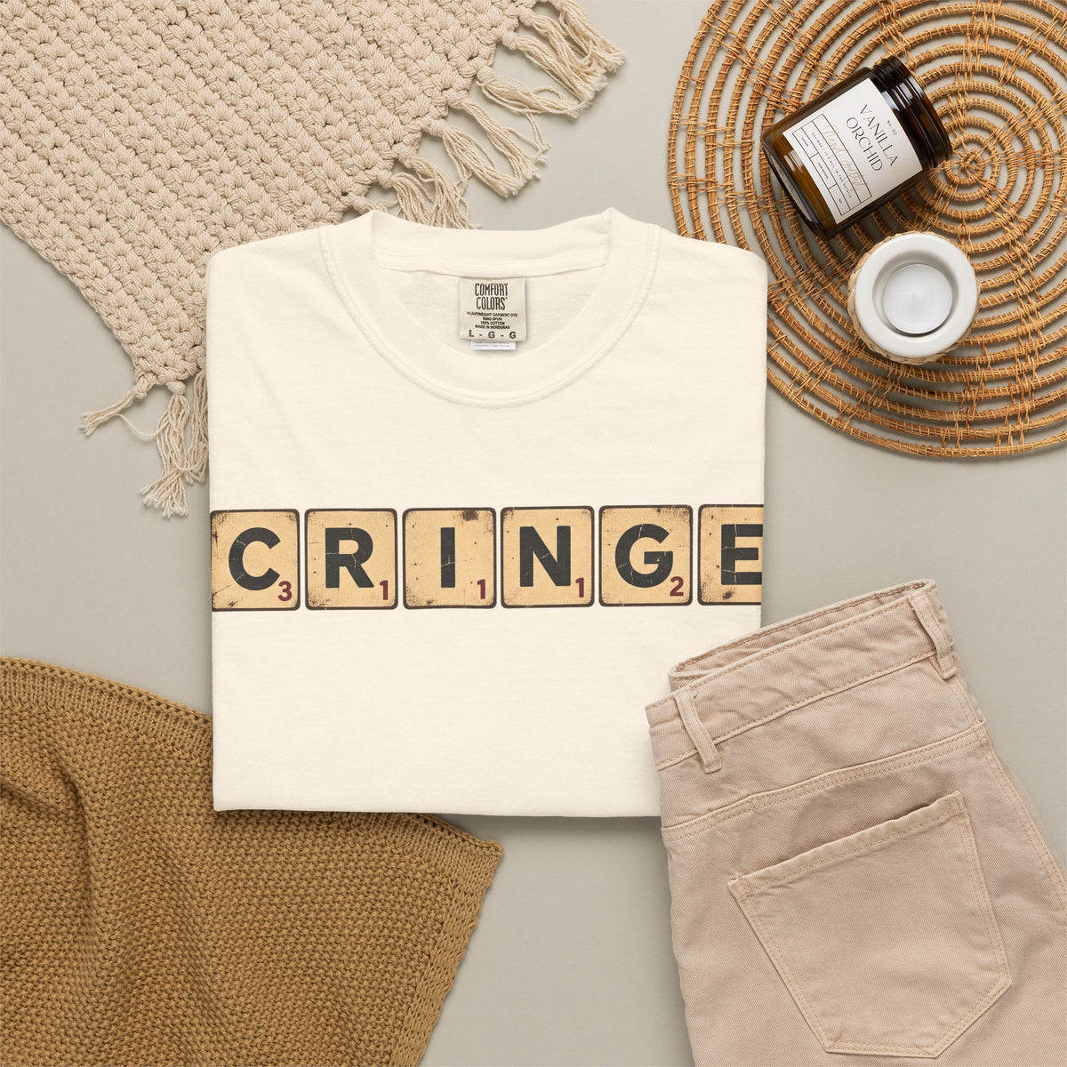 CRINGE Scrabble Tiles T-shirt in Ivory, flat lay view