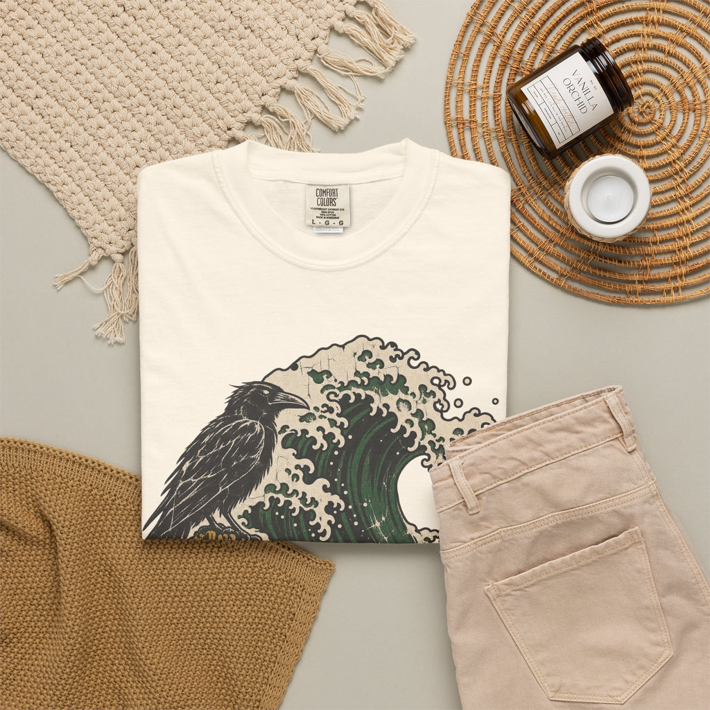 Crow Great Wave T-shirt in Ivory, flat lay view