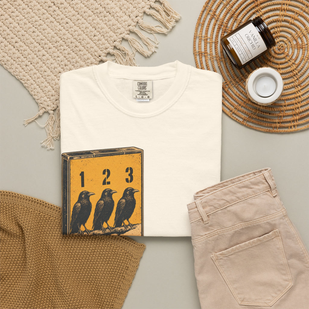 Three Crows Cassette T-shirt in Ivory, flat lay view