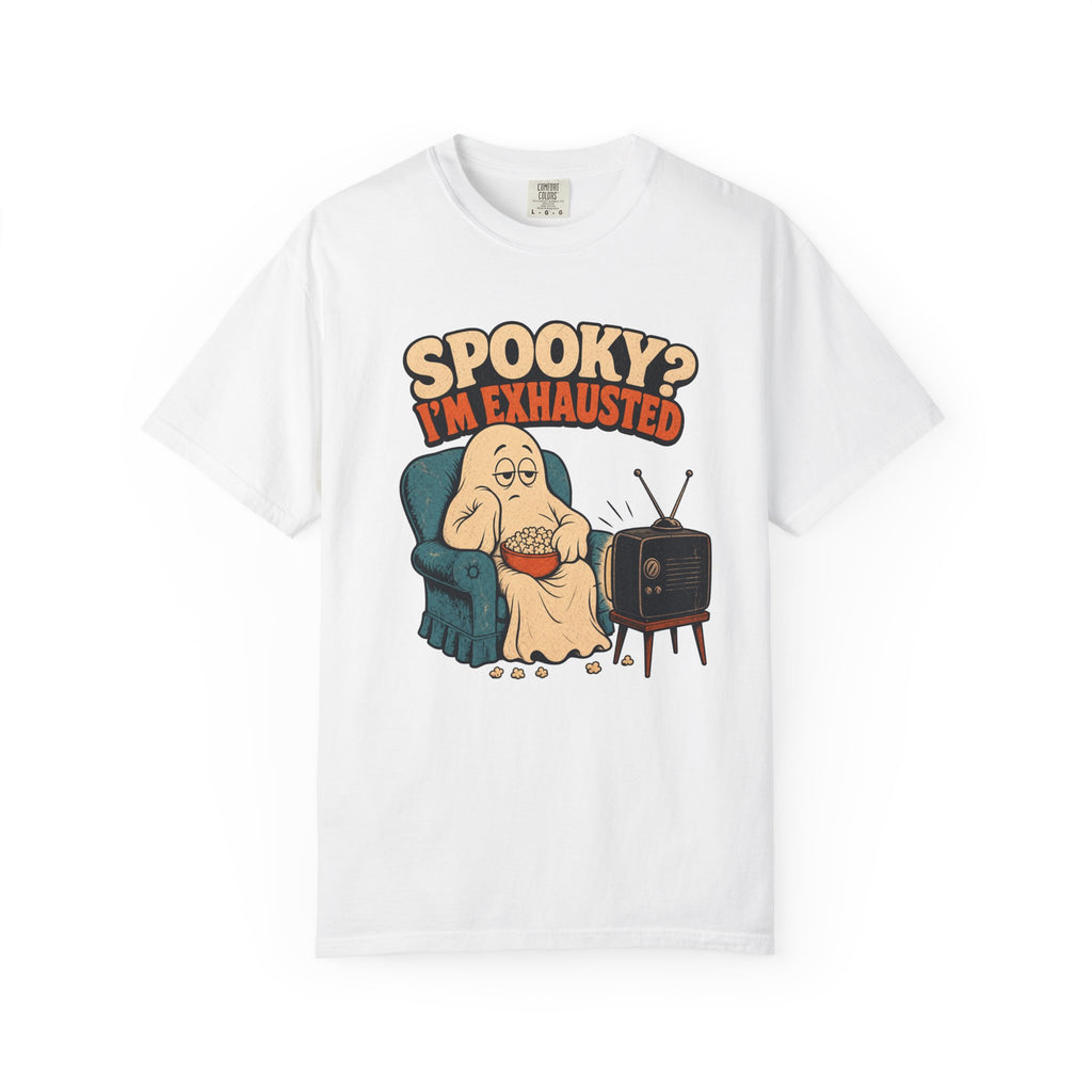 Spooky I'm Exhausted Ghost T-shirt in White, front view