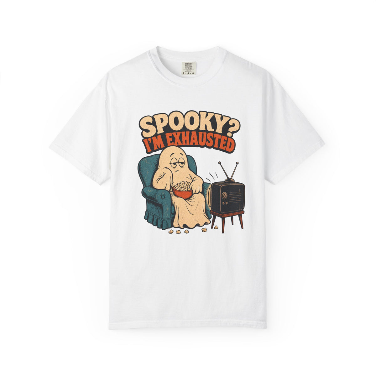 Spooky I'm Exhausted Ghost T-shirt in White, front view