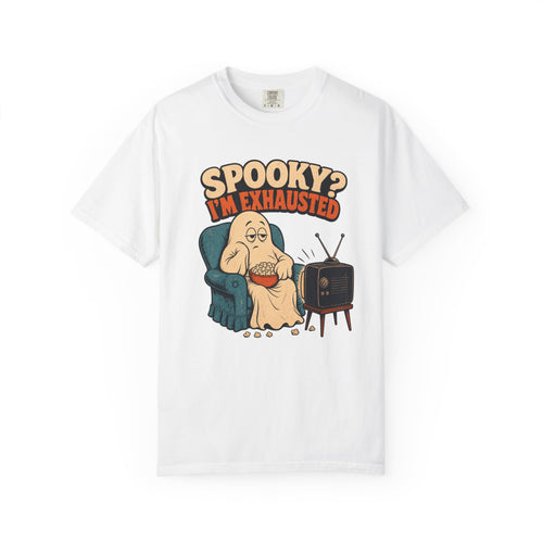 Spooky I'm Exhausted Ghost T-shirt in White, front view