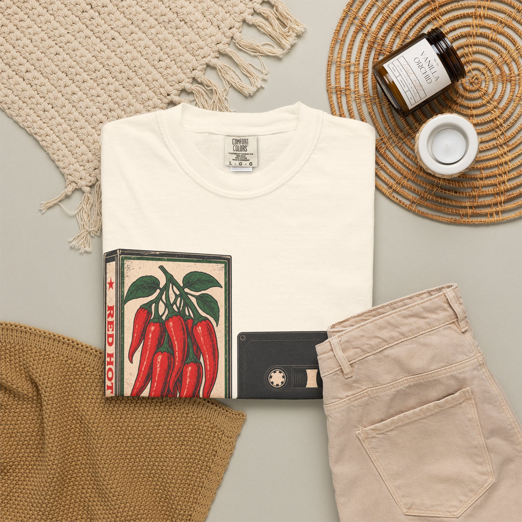 Spicy Chili Pepper Cassette Tape T-shirt in Ivory, flat lay view