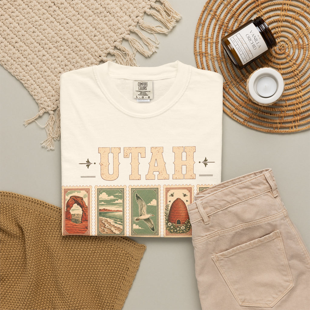 Utah Postage Stamp T-shirt in Ivory, flat lay view