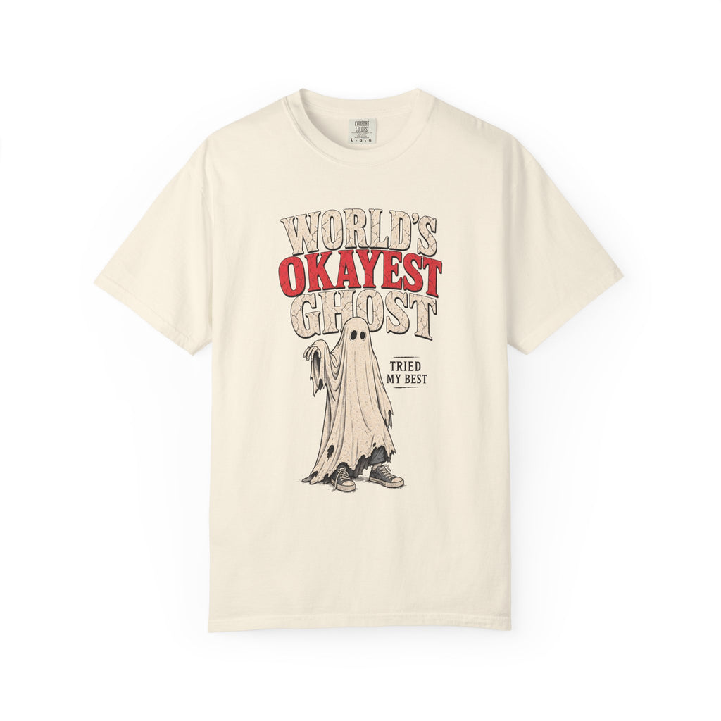 World's Okayest Ghost T-shirt in Ivory, front view