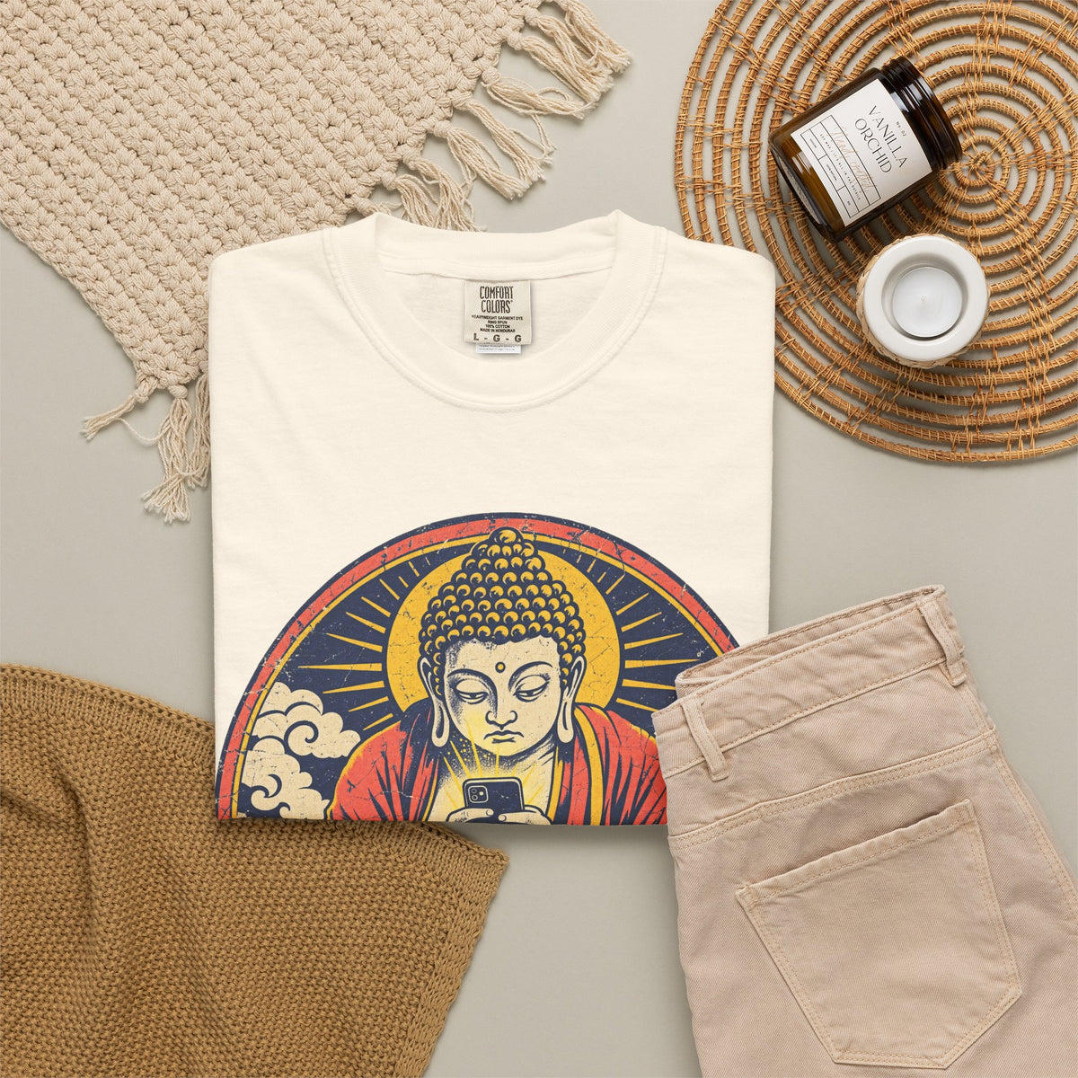 Doomscrolling Buddha T-shirt in Ivory, flat lay view