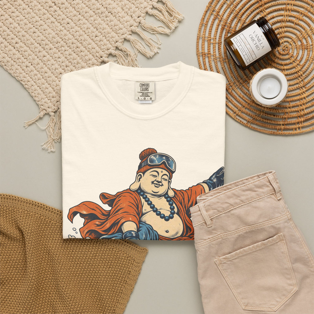 Snowboarding Buddha T-shirt in Ivory, flat lay view