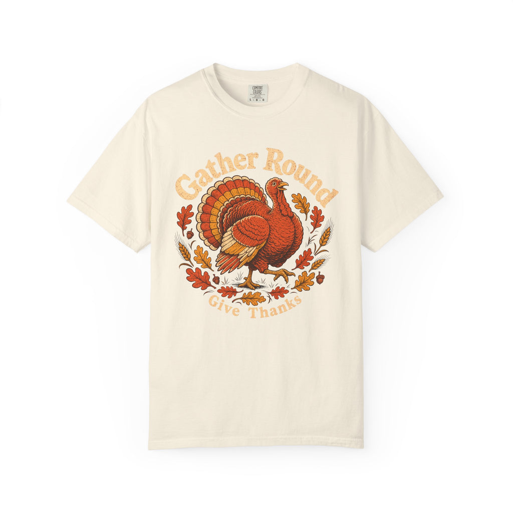 Gather Round Give Thanks Turkey T-shirt in Ivory, front view