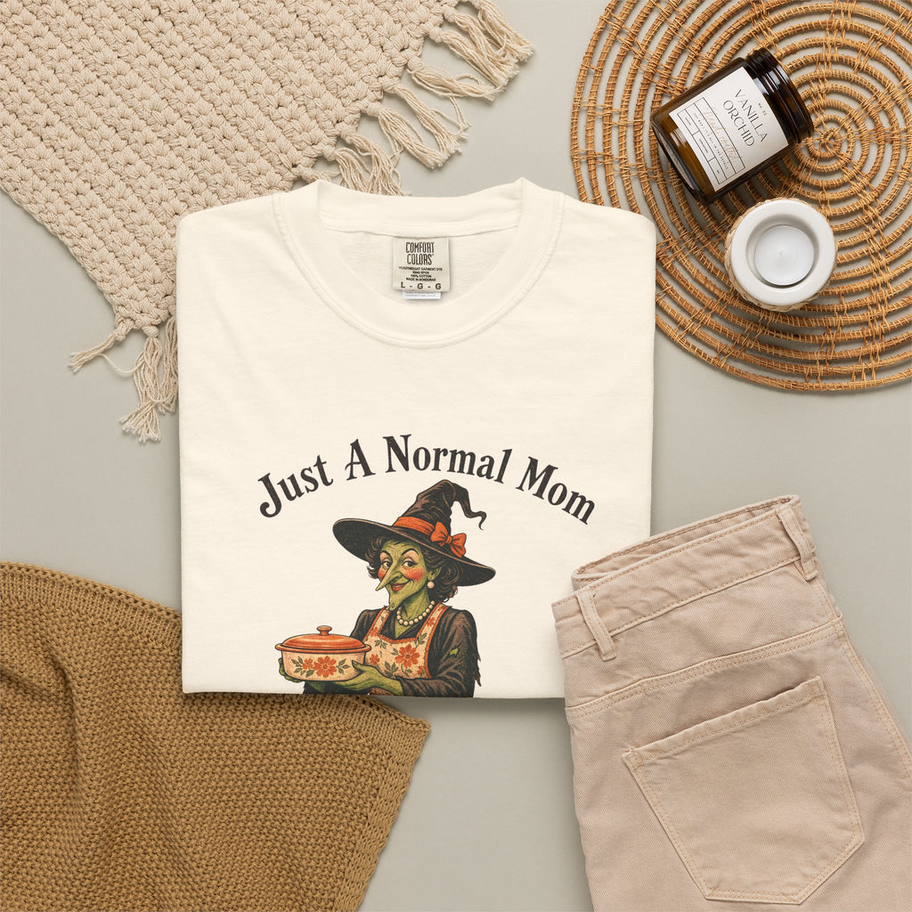 Just A Normal Mom T-shirt in Ivory, flat lay view