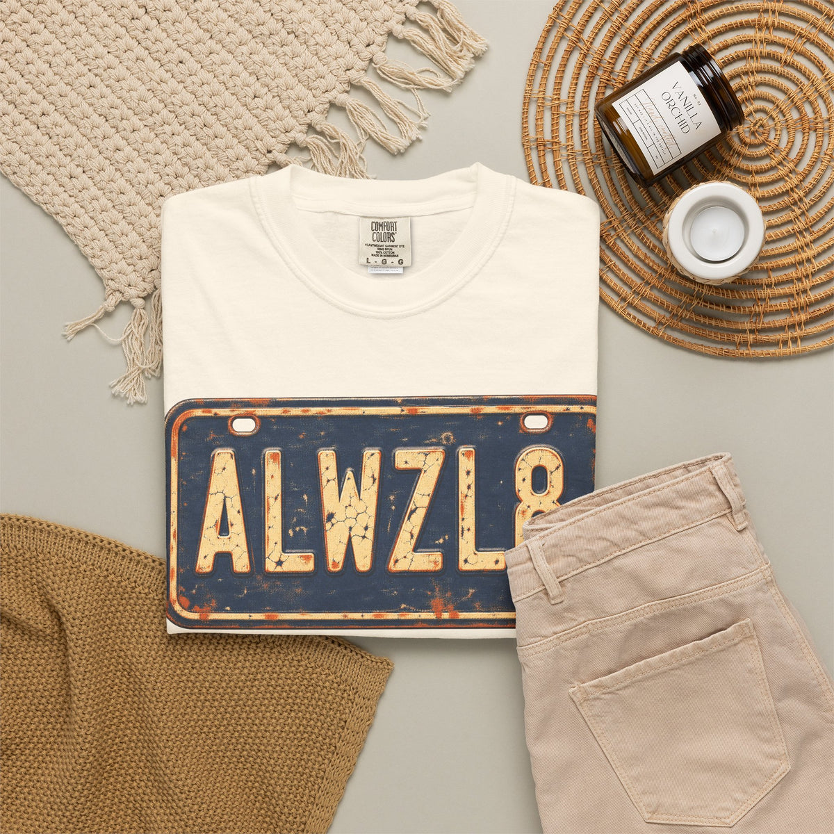 Always Late License Plate T-shirt in Ivory, flat lay view