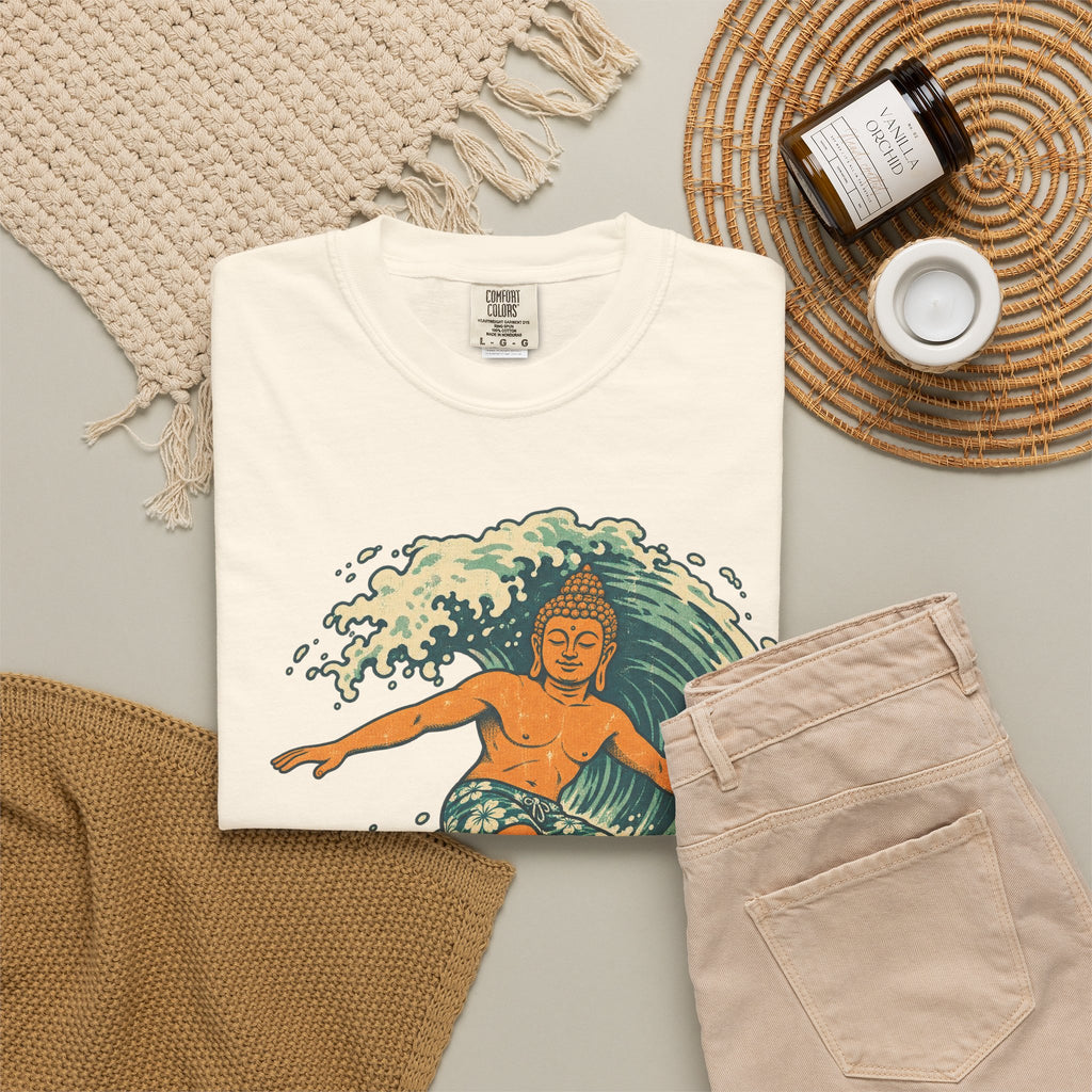 Surfing Buddha T-shirt in Ivory, flat lay view