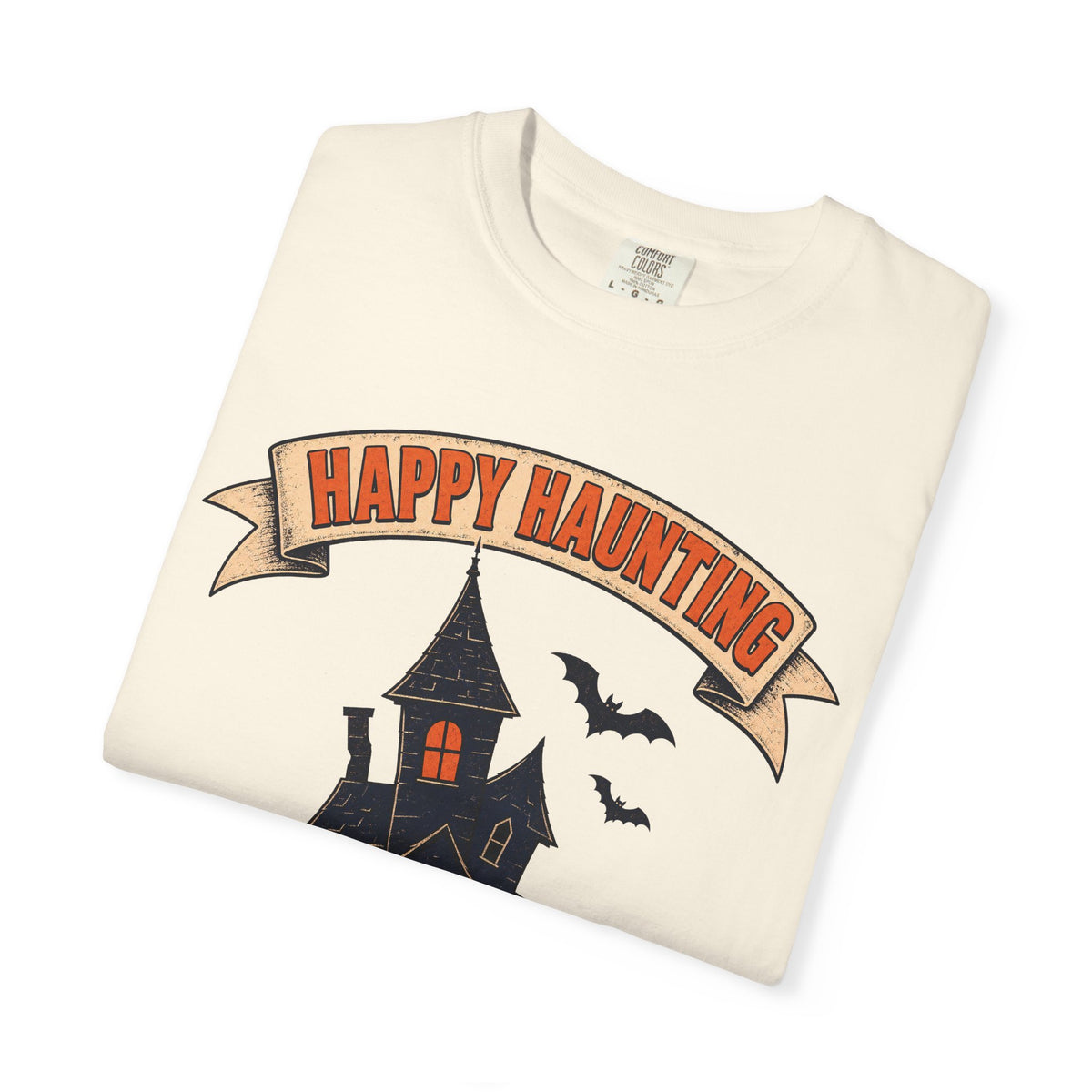 Happy Haunting Haunted House T-shirt in Ivory, folded view