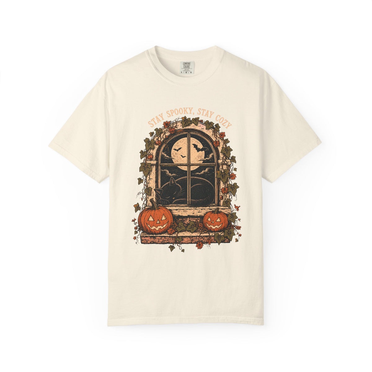 Black Cat in Window T-shirt in Ivory, front view