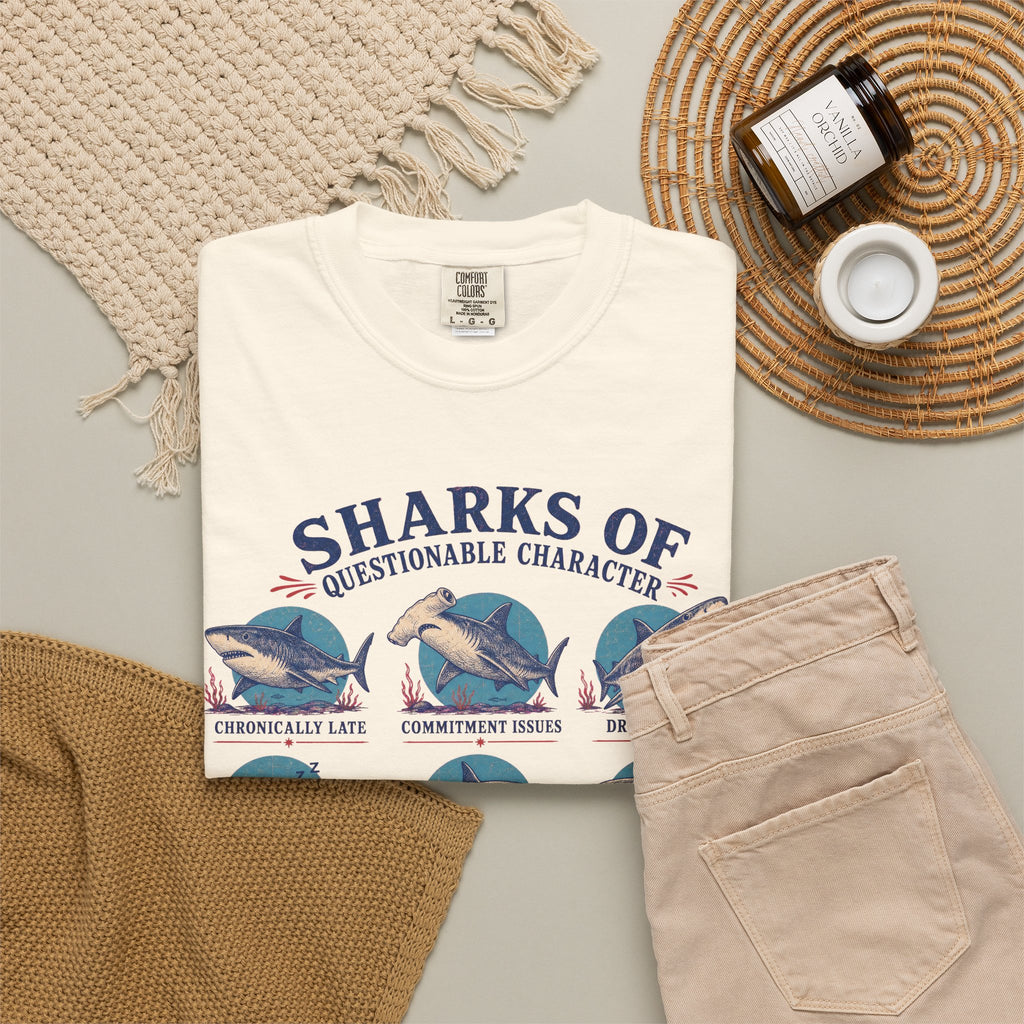 Sharks Of Questionable Character T-shirt in Ivory, flat lay view