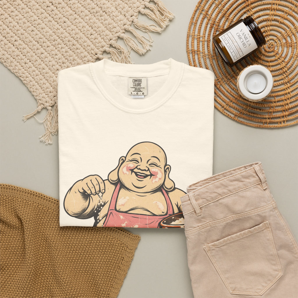 Buddha Baking Cake T-shirt in Ivory, flat lay view