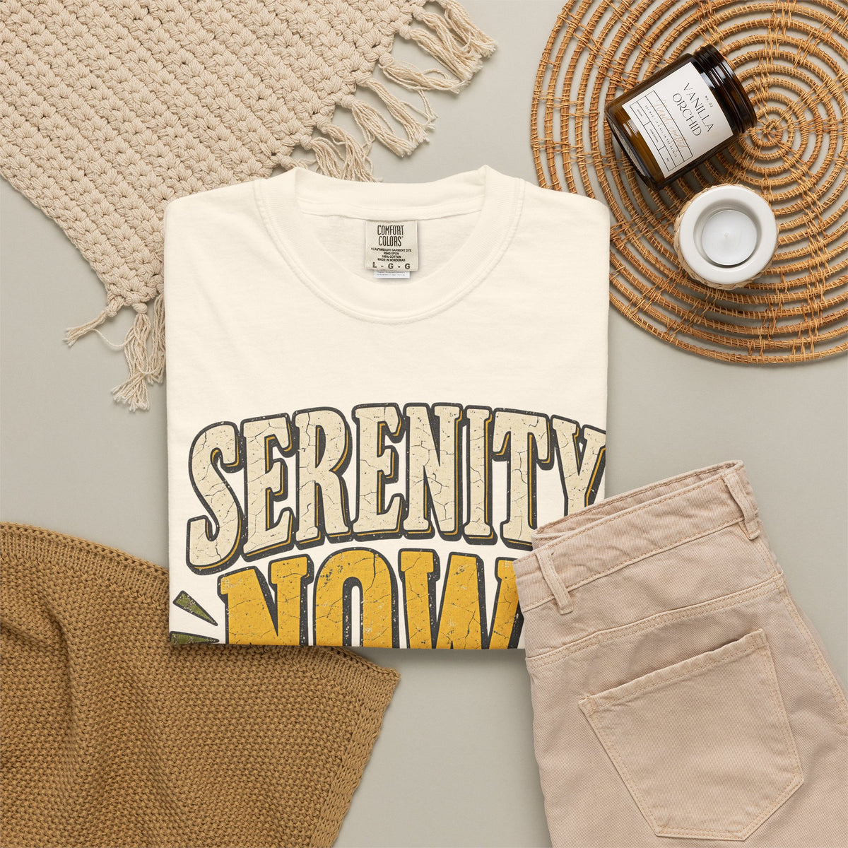 Serenity Now T-shirt in Ivory, flat lay view