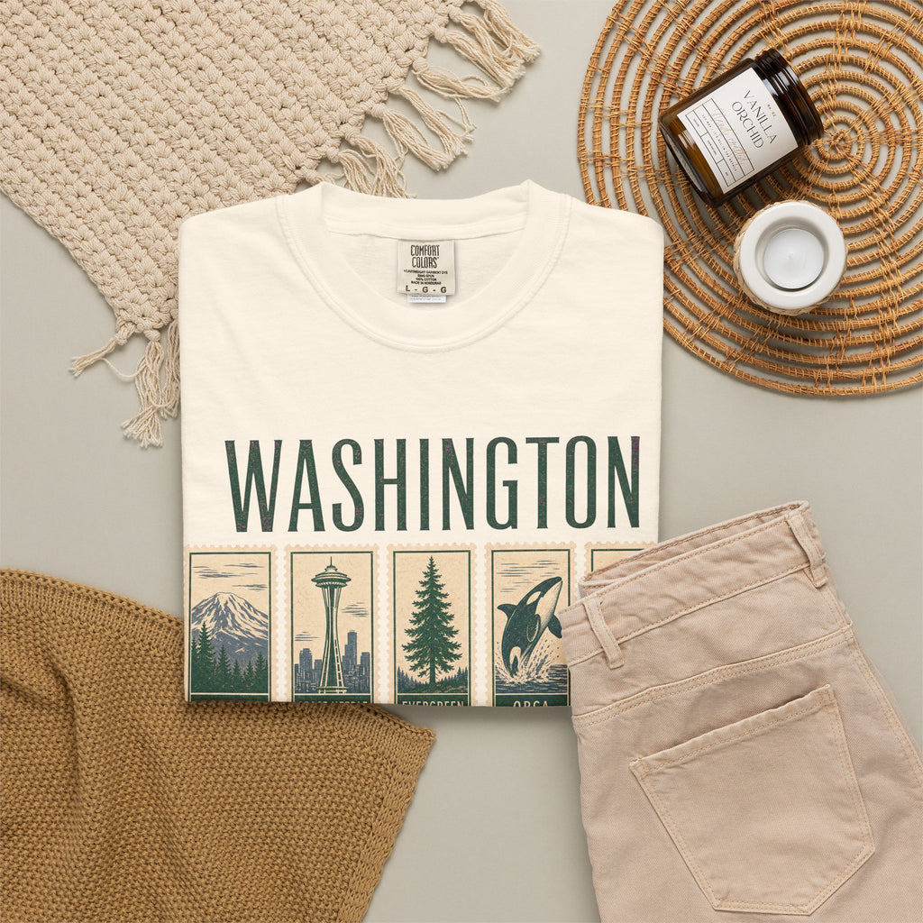 Washington State Postage Stamp T-shirt in Ivory, flat lay view
